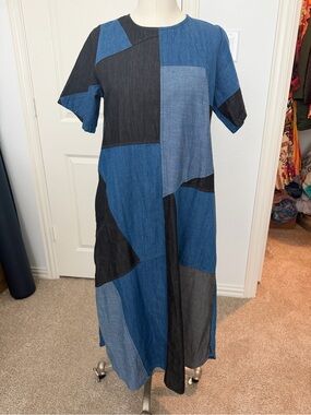 Uncle Frank Patchwork Blue Denim Midi Dress - Casual Short Sleeve